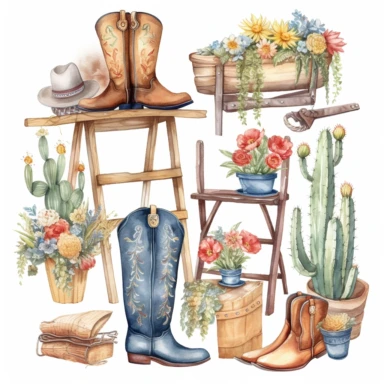 clipart set of cowboy boots, denim shirt, saguaro cactus, lasso rope, wooden rocking horse, cowboy hat, wheelbarrow filled with flowers, whimsical watercolor painting, separated with white margins between each item, isolated on white background