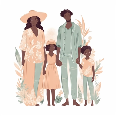 pastel colors vector full view image of faceless african american mother , father and daughter,s and brother, boho clothing style, illustration clipart, white background