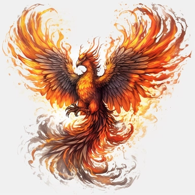 Phoenix, fire, no background, tails with color coming out of fire, fantasy clipart, wings spread wide, very detailed