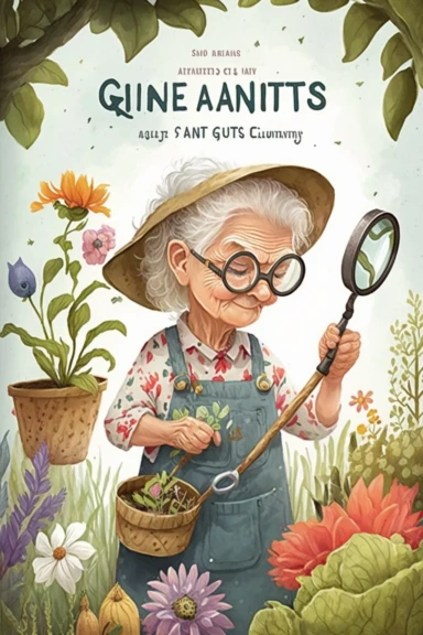 cover for kids book about gardening book, on the cover use plants, trees, flowers, garden tools, a old woman holds a magnifying glass in her hand, clipart and watercolor, high resolution, detailed, children style, fancy
