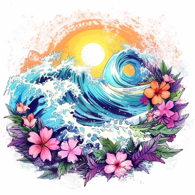 Pastel Cute Beautiful Hawaii Wave Beach Watercolor Sublimation Clipart,Cartoon, hyper realistic, intricate detail, illustration style,high solution,on the white background