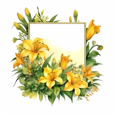 yellow lilies on a garden sign, watercolor, yellow brown and green color theme, clipart, hyperrealistic, white background