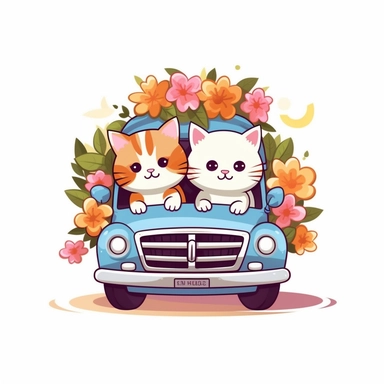 Vector icon, digital art icon, cats wedding, ride a car with flowers, white background, wise, simple shapes, clipart, anime, chibi, bright colors, superb