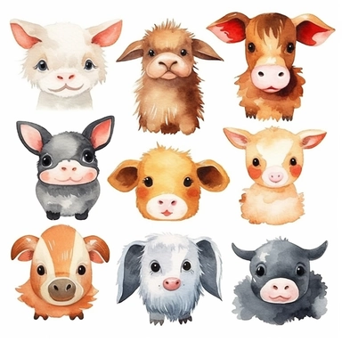 cute farm animals, watercolor clipart, big eyes, kawaii style