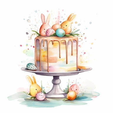 whimsical watercolour clip art against a white background easter themed cake on a cake stand