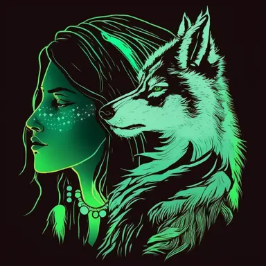 Black background, double exposure, clipart icon of a Native american female filled with a spiritual wolf, lineart, Green and Brown bold stencil drawing, comic book sketch