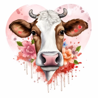 Cow In Heart Watercolor Sublimation Clipart, Clipart, white background, no watermark, no text, no word,