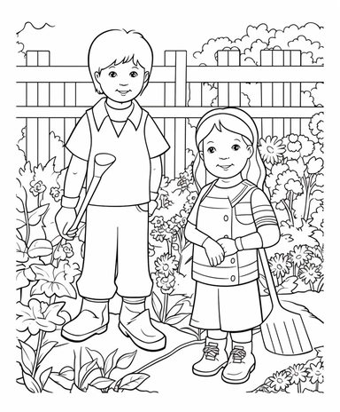a coloring page of drawing of a boy and a girl standing next to each other, a child's drawing, international gothic, digging, clipart, she is the center of the garden, dirty, robustly ordinated, monotone, cleaning future, outline, sakimimichan, grown up , pixer, no black shadowy , colouring pages