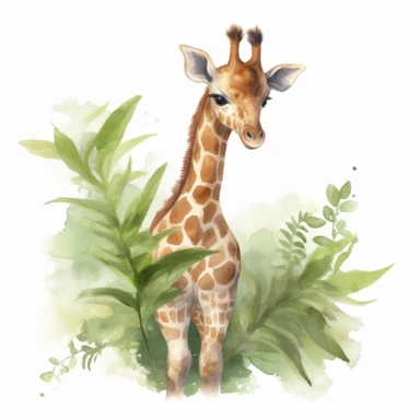 cute giraffe calf, stretching its neck to reach the tender leaves, a symbol of adaptability, warm pastel colors, clipart, on a white background