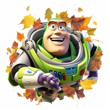 A Buzz Lightyear from disney , face with so many mapple leaves, smiling, halloween, full body image, pixar style, clipart, white background, fall scene, bright colors, A head shot