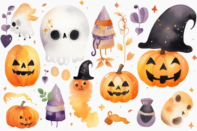 witch skulls, halloween hearts, pumpkins, ghosts, butterflies clipart, in the style of playful watercolors, quirky characters, colorful animation stills, polka dot madness, aquarellist, kawaii street art, light white and dark amber