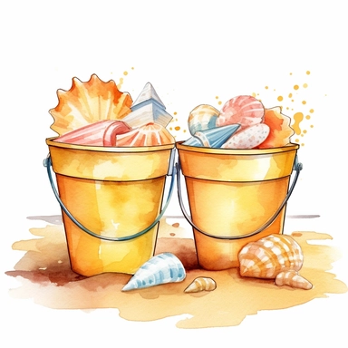 watercolor beach clipart of buckets in sand, in the style of yellow