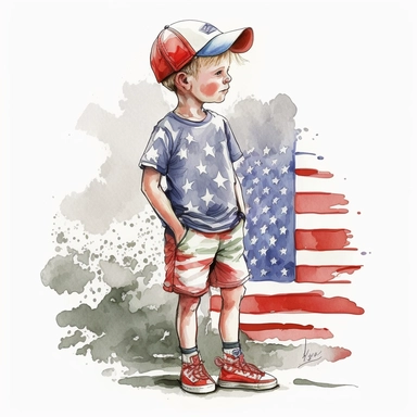 side boy kid with 4th of July theme,Watercolor style, Clipart,on white background