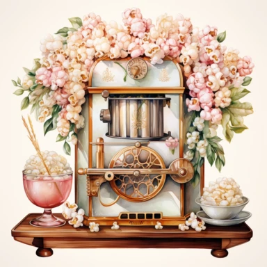 A realistic high detailed watercolor wedding popcorn machine, pastel colors, in the style of digital print, clipart, illustration, sticker, ultra high definition, rich details, 32K, HD