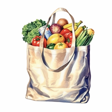 watercolor white shopping bag with vegetables in it, in the style of realistic watercolor paintings, oshare kei, saurabh jethani, 8k, ironical, percy tarrant, heavy shading Clipart desert cartoon t-shirt graphic, vector, contour, isolated on a white background