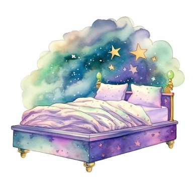 cartoon fairy bed, floating on clouds, glowing lights stars and sparkles, colors of green purple gold and blue, glamorous realistic and detailed, watercolor, white background with margins, clipart style