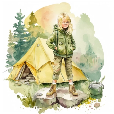 a cute scout girl, clipart, full body, blond, in nature, near tent, watercolor