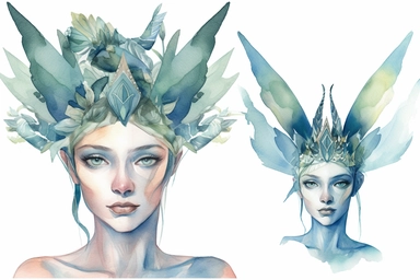 Watercolor delicate fairy queen with pointed ears in teals and blues, clipart, hd, white background, spaced out,