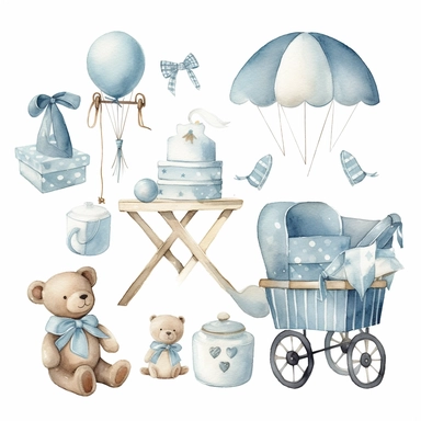 Watercolor Baby Boy Clipart It's a boy vintage nursery and newborn baby graphic elements in light blue