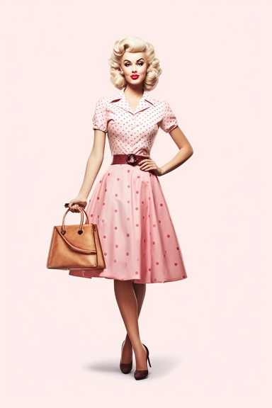 full body shot of a posing housewife against white background, in the style of vintage-inspired pin-ups, realistic figures, polka dot madness, pink and amber, against qhite background clipart png