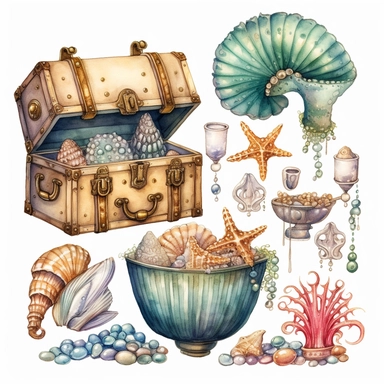 watercolor clipart mermaid clipart , jewels, treasure chest, pearls , shells with pearls, cute fish, seaweed , cartoon detailed