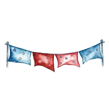 watercolor clipart illustration of party banner, red white and blue, hand painted details, clean and simple designs, solid background color, spaced out