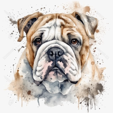 watercolor illustration of a cute English Bulldog dog, watercolor clipart, in the style of 32k uhd, realistic animal portrait, white background, png