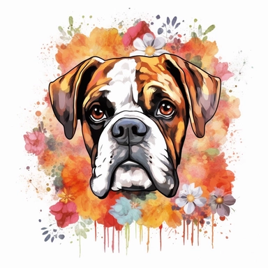 Clipart of a cute little boxer dog flowers full multicolor white background