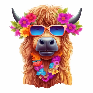 Highland cow wearing sunglasses and a Hawaiian lei, full body, clip art, detailed, cute, bold, bright, colorful, vector art, clean, neat, white background