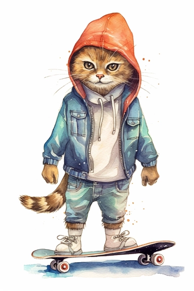 watercolour gangster cat on skateboards clipart, white background,