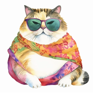 watercolor cozy watercolor clipart artwork of fat cat with sunglasses, hd white background