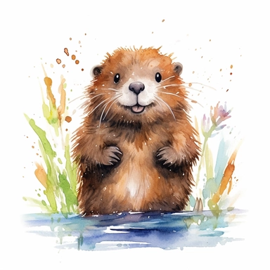 a captivating watercolor clipart image with a white background and white margins, featuring a cute sweet extremely happy smiling baby beaver. The ultra-detailed, hand-drawn elements capture the details. Use vibrant shades of various colors to create a visually appealing image