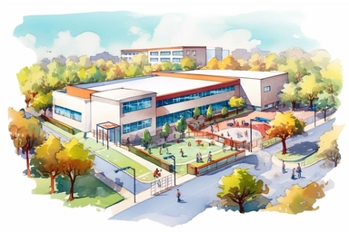 school yard . Pixar childrens book cartoon style, detailed, modern, urban, watercolor, full color, flat color, white background, children book illustration. Watercolor clipart. Pixar animation