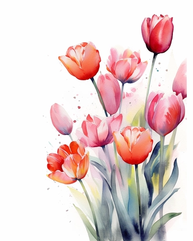 apeldoorn tulip，a watercolor painting of pink and orange flowers on a white background, vertical composition，panoramic horizontal，in the style of light crimson and light black, bold color blobs, light teal and light crimson, light white and light crimson, light purple and red, ingrid baars，clipart style