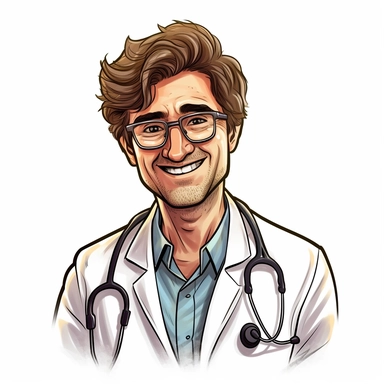 portret a happy man doctor, sticker, style by Lusy Fleming, folk art, watercolor, clipart elements, smooth gradients, black contour outline, ultra detailed, white background, super clear, high quality