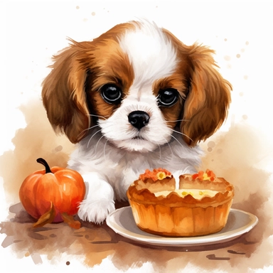 create a beautiful original high quality highly detailed watercolor clipart image of a very small happy and adorable king charles cavalier puppy eating a delicious pumpkin pie with a smile, include high detail to the puppys fur and eyes, include detail to the pumpkin pie,include a fall background, include a white background, no text, no font, no words