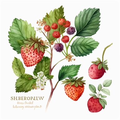 Watercolor one strawberry bush Clipart, berry, vibrant color, high details, white background, no text