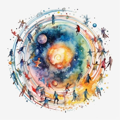 stars, black holes, planets, comets, all performing a cosmic dance. Clipart watercolor style, highly detailed, glow, 8k, white background, no caption