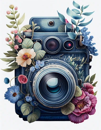 a watercolor vintage camera 1 photo lens only, profil view, surrounded by an intricate arrangement of dramatic extravagant ultra realistic digital 3D giant blue grey lucky flowers, in the style of large-scale photography, lush detailing, watercolor style, pastel colors, photorealistic, playfully intricate, made of flowers, bloomcore, 8K, clipart, clear background
