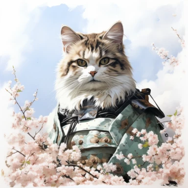 cherry blossoms laden on Osaka Castle Bottom, cheerful Ragdoll Cat cosplay wearing a samurai armor, Clipart Watercolor By Yuzo Komori. clean line, white background, spaced out