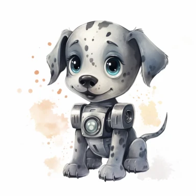 watercolor kawaii gray robot dog clipart on a white background