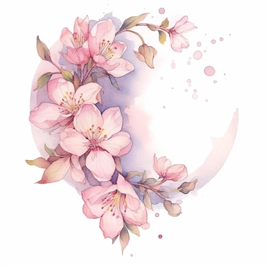 Ethereal watercolor depiction of pink flowers softly illuminated by the gentle glow of a full moon, captured from a side angle, with the ethereal light adding a touch of magic, mystery, and a sense of otherworldly beauty to the composition, clipart on a clean white background.