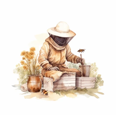 a watercolor clipart, vector of a bee keeper in the style of vintage imagery, decorative paintings, subtle shading, nature core, cottagecore, muted colors, craftcore, on a white background, uhd image