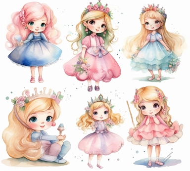 cute adorable little princess World character watercolor clipart, full body, disney, pixar