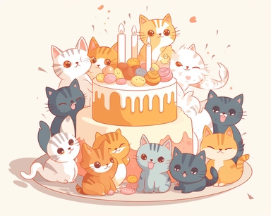 Group of Birthday cats around a cake, cute, party, clipart, simple shapes, kawaii, kitten, Japanese, exited, white background
