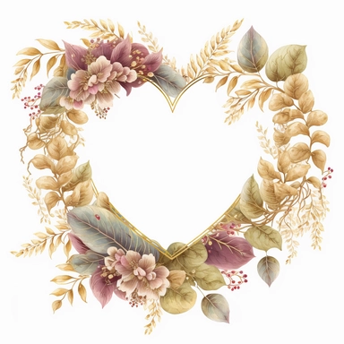 Watercolor Valentine Heart Wreath, gold frame, Clipart