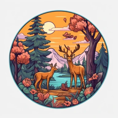 Sticker logo, featuring trees, lush foliage, and woodland creatures like deer or squirrels, capturing the essence of camping in nature, on transparent background free clipart, in the style of digital painting and drawing, 2d game art, scoutcore, anime-influenced, cabincore, high resolution, light sky-blue and dark maroon