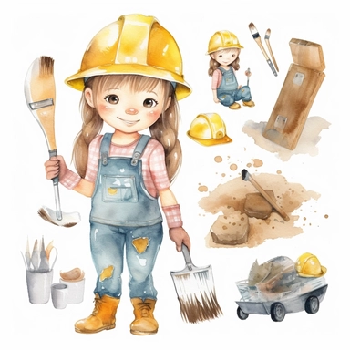 Watercolor collection clipart girl construction worker cute childish neutral colors on white background