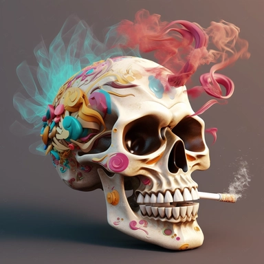 fantasy imagery sublimation colorful design of a skull smoking a cigar between its teeth 3d render clipart