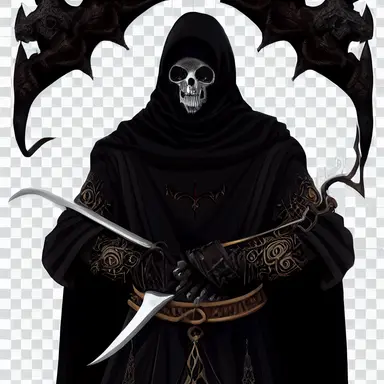 medieval character concept, black cloaked mercenary wielding a massive two handed sword, representing death, png, png cut out, dark blacks, intricate detail, symmetrical design clipart,